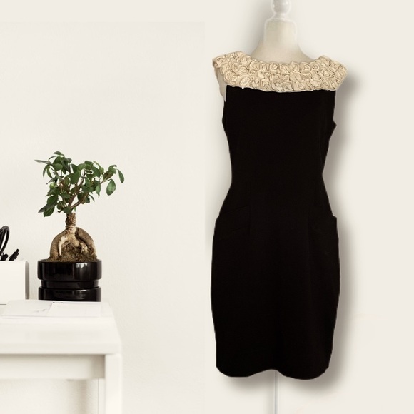 TAYLOR Black Dress with Contrast rosette neckline - Picture 1 of 5